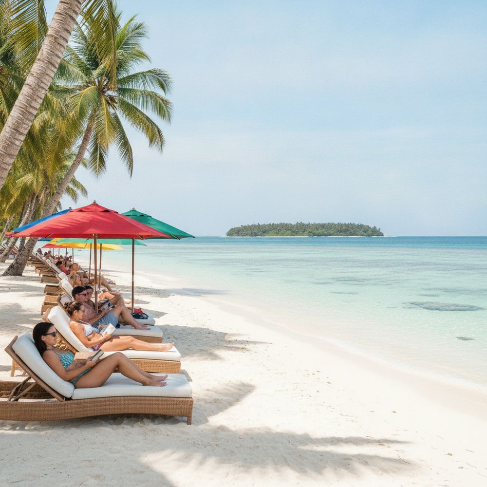 A tropical beach with white sand, crystal-clear turquoise water, a few palm trees, and sun loungers with tourists relaxing under colorful umbrellas.