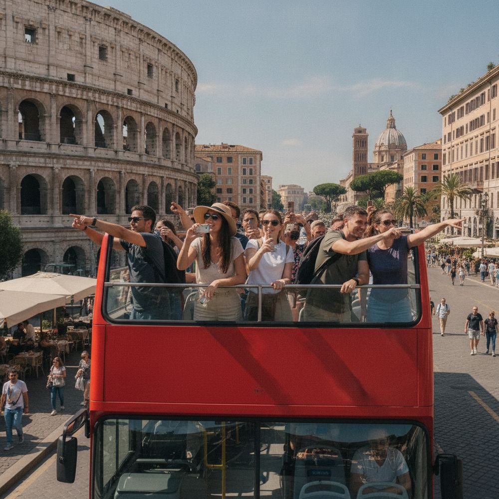A group of tourists on an open-top sightseeing bus in a city, pointing at famous landmarks and taking photos with their smartphones.