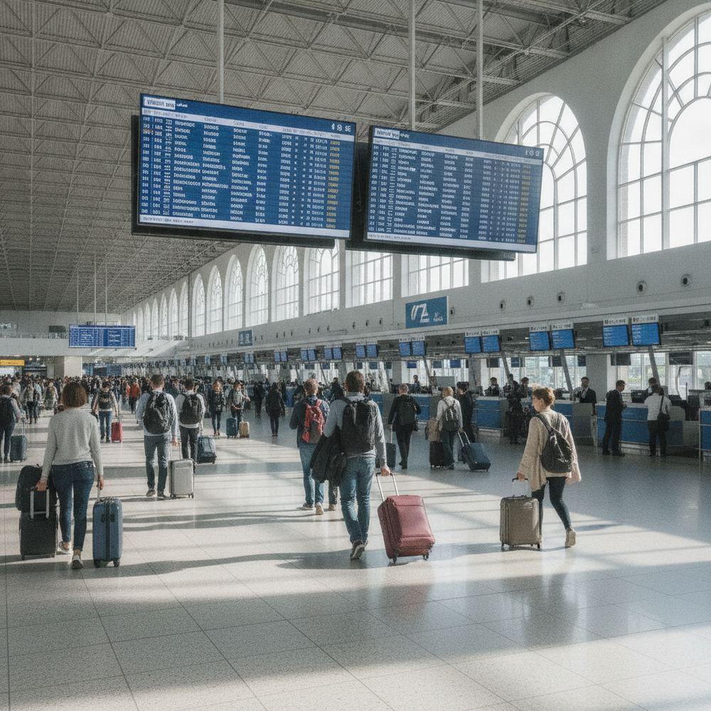 A busy airport departure hall with travelers pulling suitcases, large departure boards showing flight information, and rows of check-in counters in the backgrou