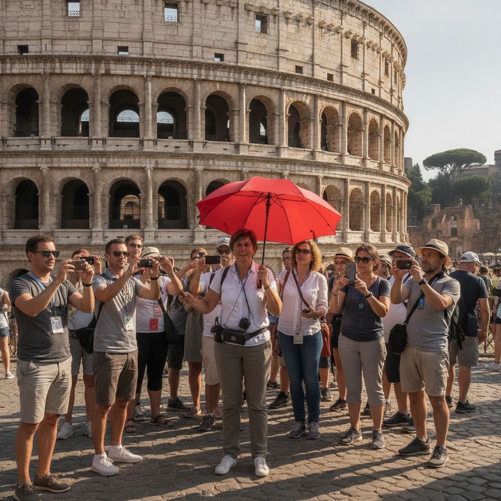 A group of tourists standing in front of a famous historical landmark, taking photos and listening to a tour guide who is holding an umbrella as a guide marker.