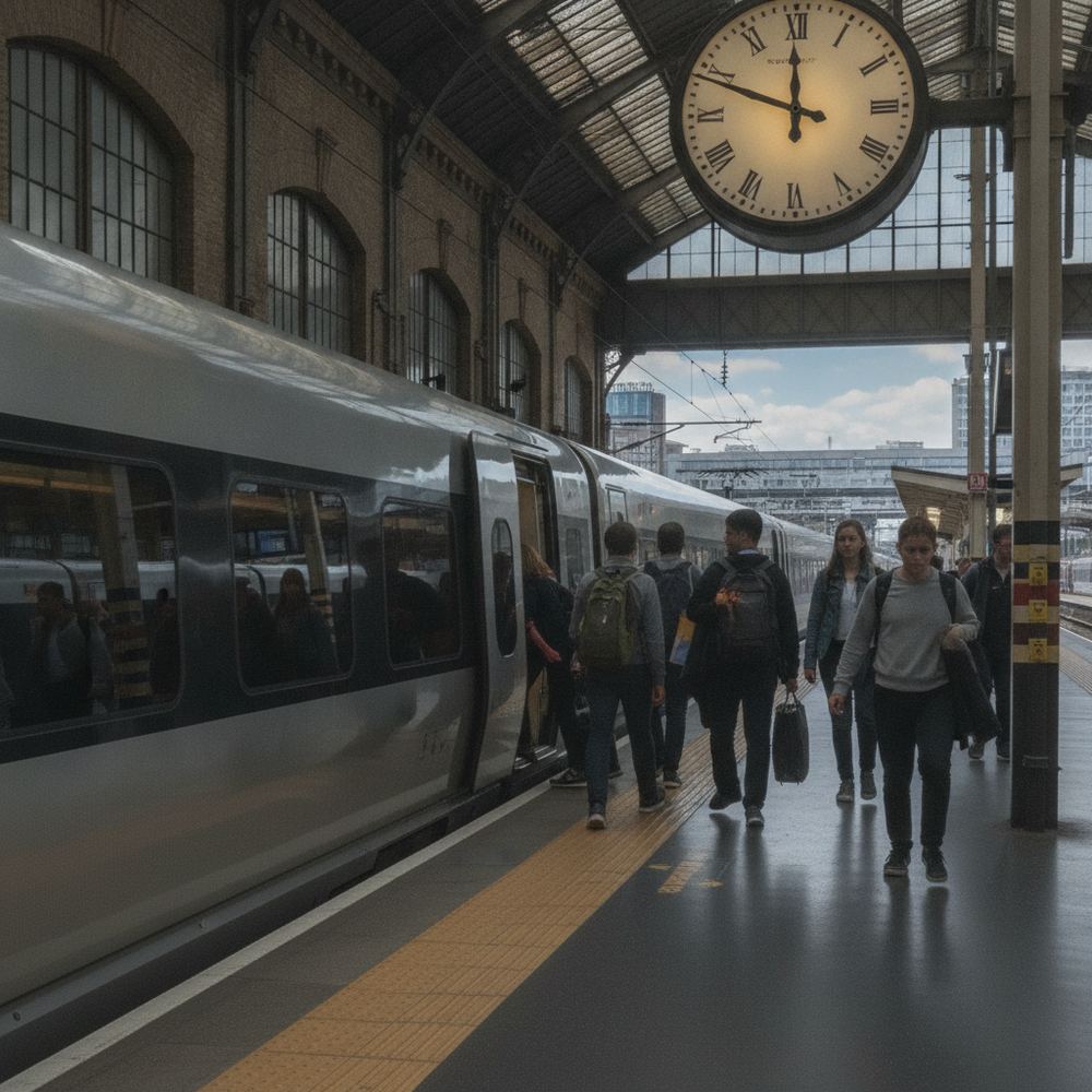 A train station platform with a sleek modern train stopped at the platform, passengers boarding and disembarking, and a large clock mounted on the station wall.