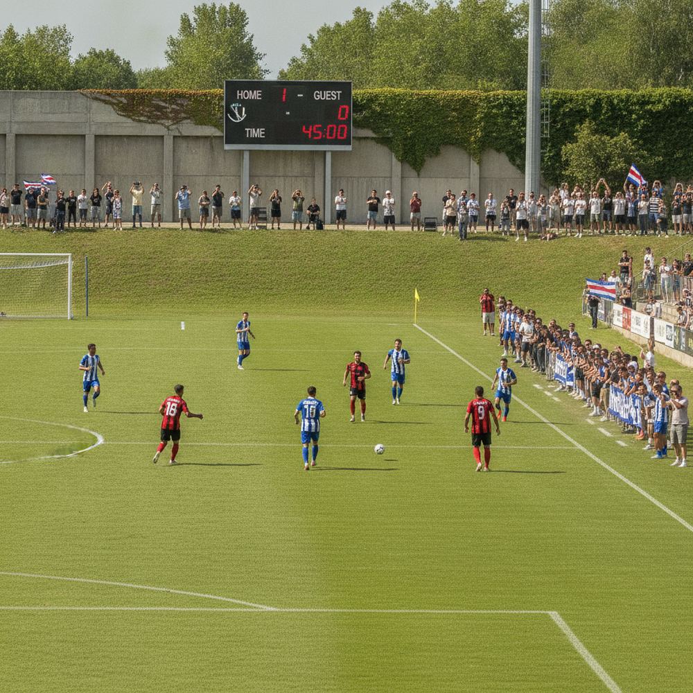 A large outdoor soccer field with two teams of players in the middle of a match, with spectators watching from the sidelines and a scoreboard visible in the bac