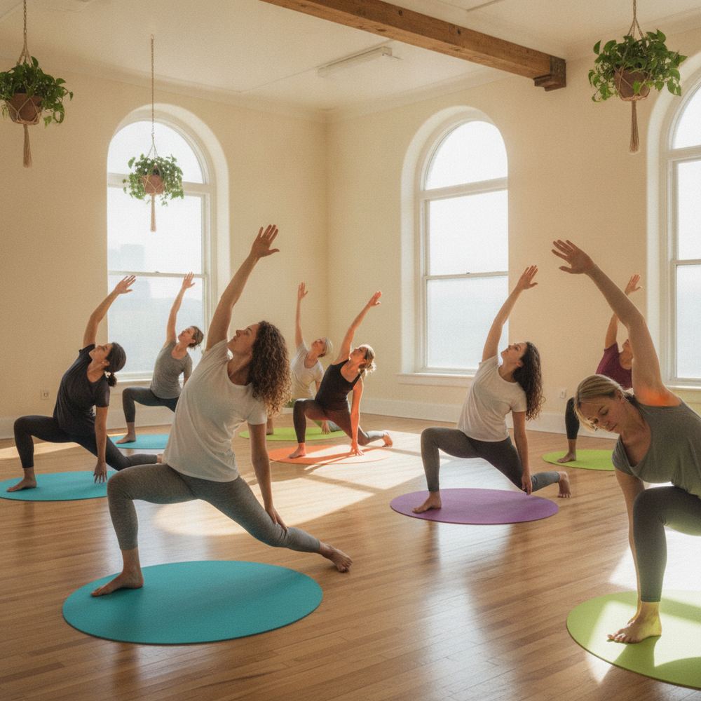 A yoga class in a bright studio with several people on colorful mats performing a stretching pose, guided by an instructor at the front of the room.