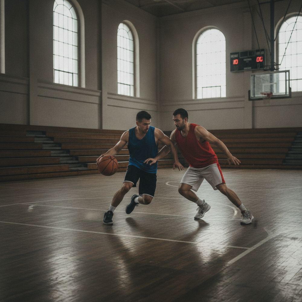 A basketball court with two players going one-on-one, one player trying to drive toward the basket while the other defends, with an empty gym in the background.