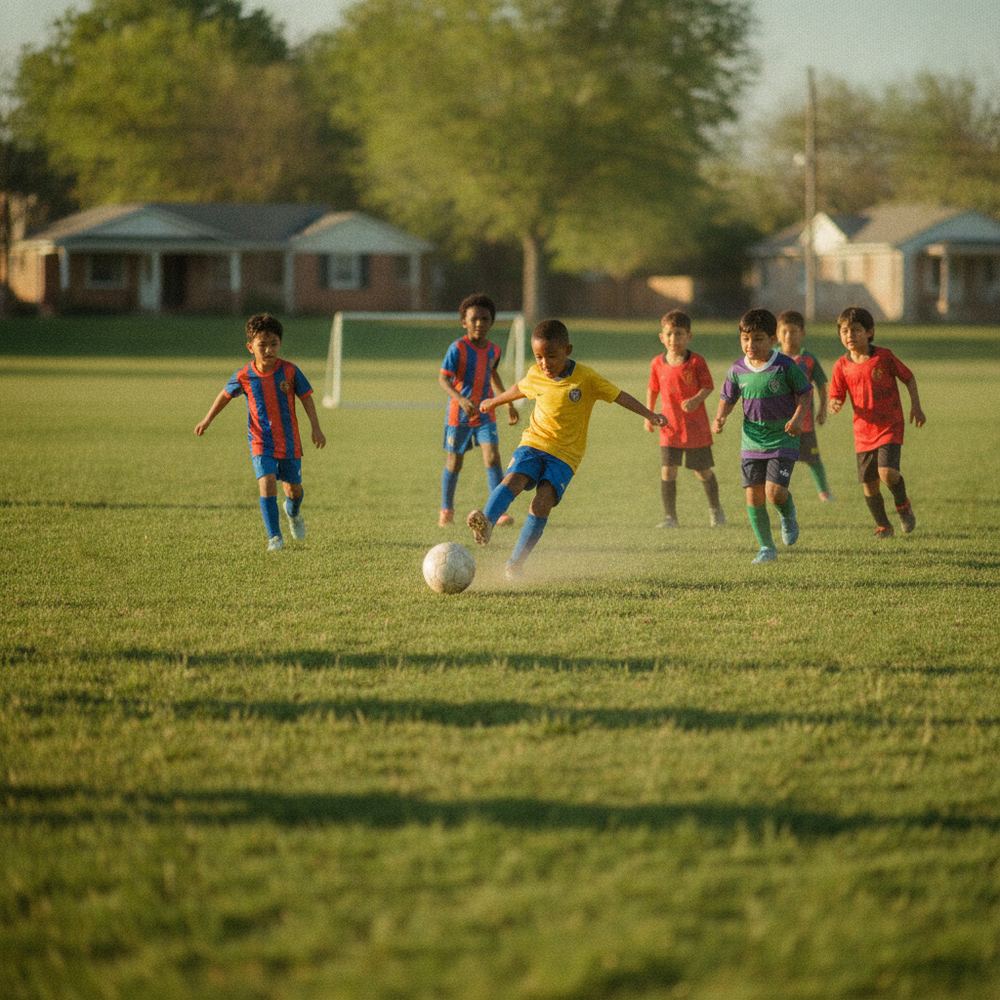 A group of children playing soccer on a green grass field, wearing colorful team jerseys, with one child kicking a ball toward the goal.