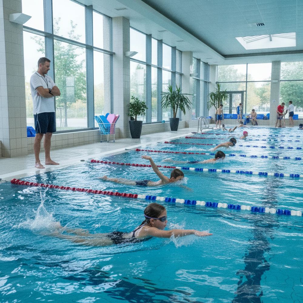 An indoor swimming pool with lane dividers and children in swimwear practicing different swimming strokes, with a coach standing at the pool's edge watching the