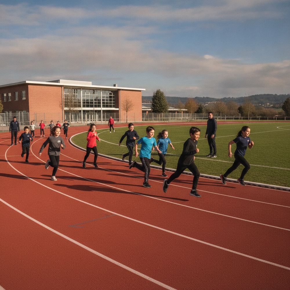 A running track at a school with several students in athletic clothing sprinting around the track during what appears to be a physical education class.