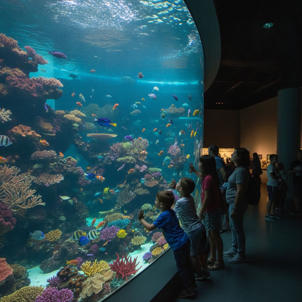 A large, bright aquarium with many colorful fish swimming around coral reefs. Visitors are standing in front of the glass looking inside.