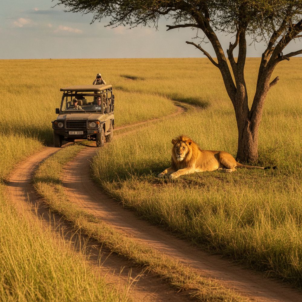 An open jeep driving on a dirt road through a grassy savanna. A lion is resting under a tree nearby.