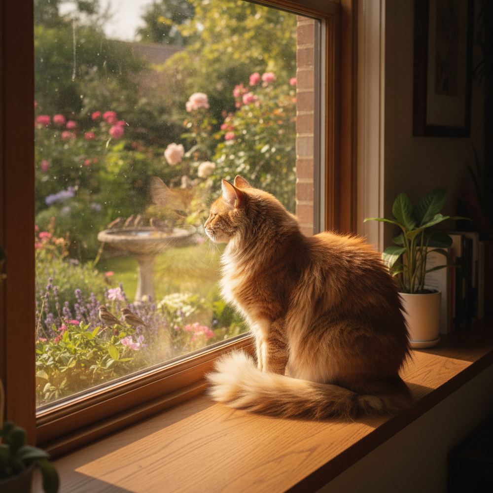 A fluffy orange cat sitting on a windowsill, looking outside at birds in a garden. Sunlight is coming through the window.