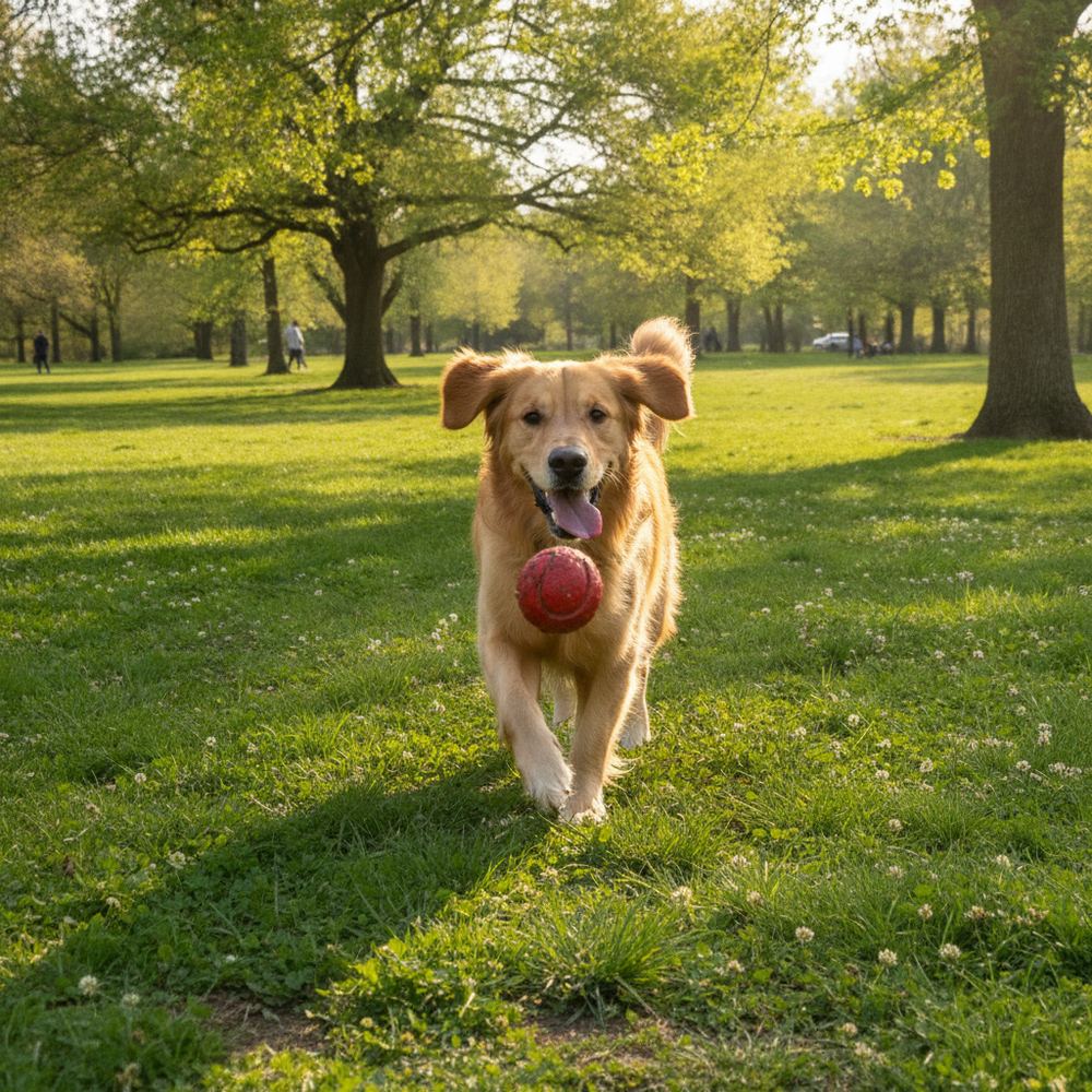 A golden retriever dog playing with a ball in a sunny park. The dog looks happy and is running on green grass.