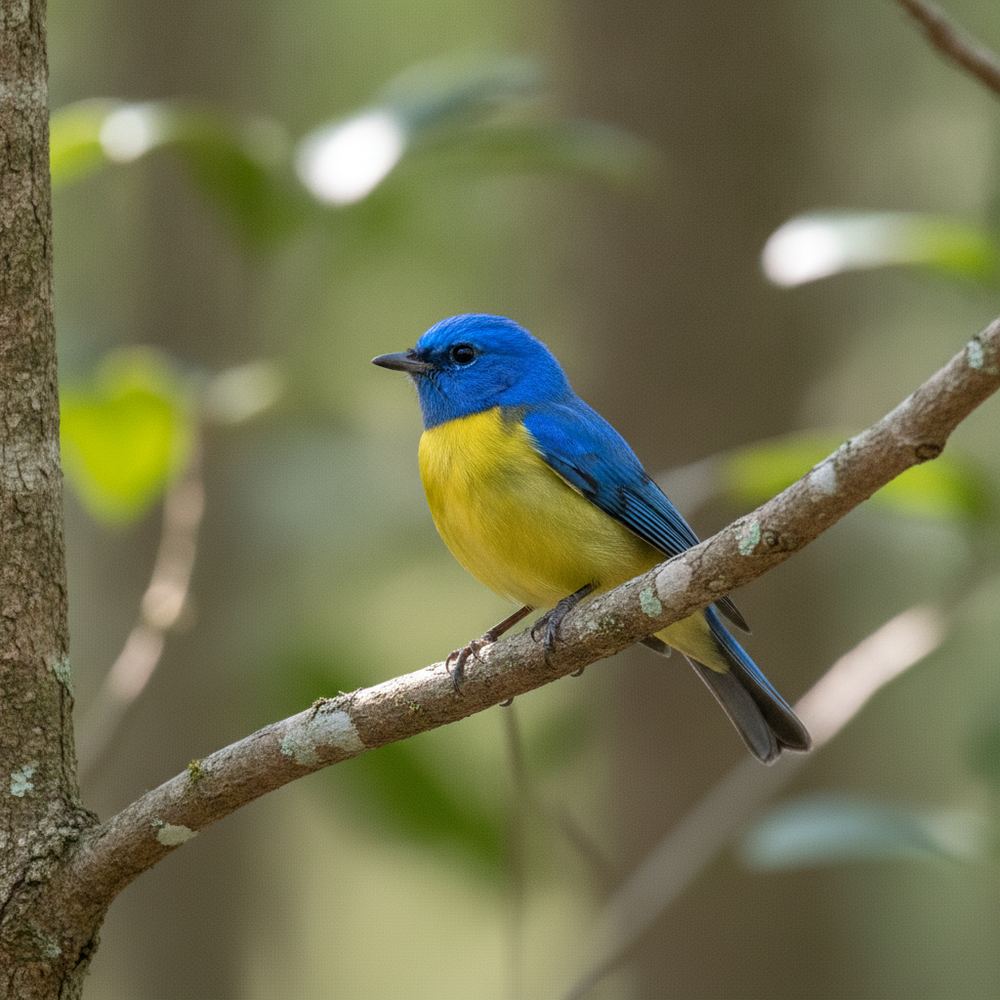 A small colorful bird sitting on a thin tree branch. The bird has bright blue and yellow feathers and is looking to the side.