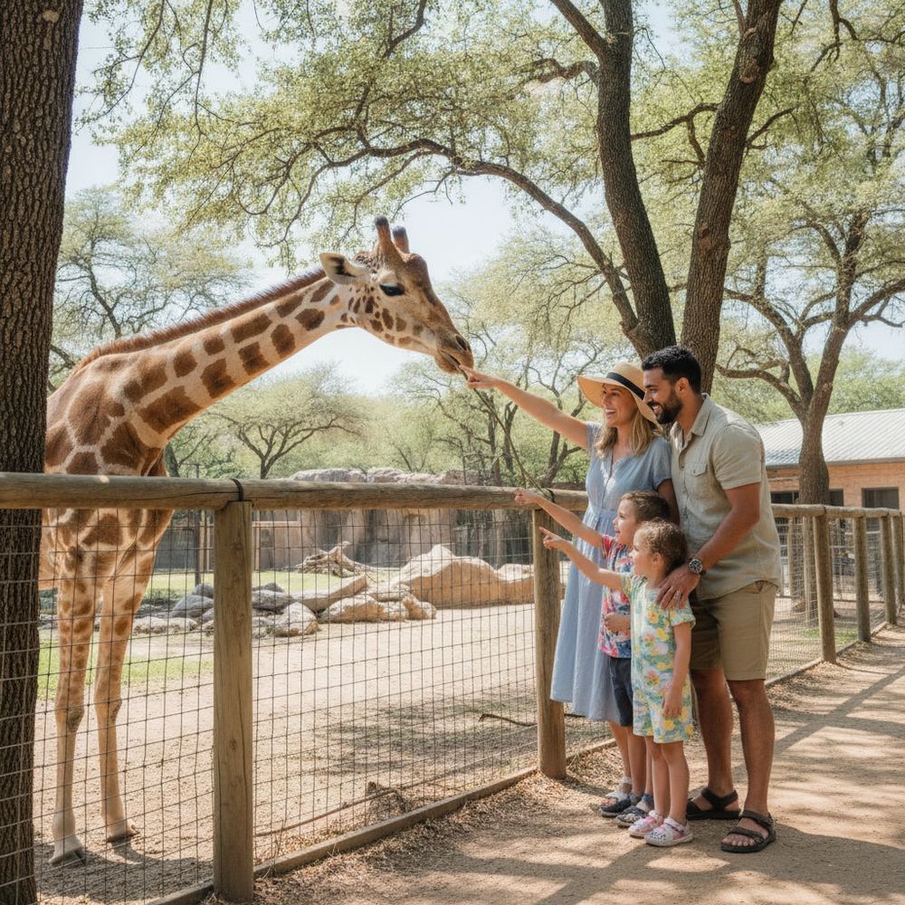 A family of four — two parents and two children — standing in front of a zoo enclosure, looking at a giraffe inside.