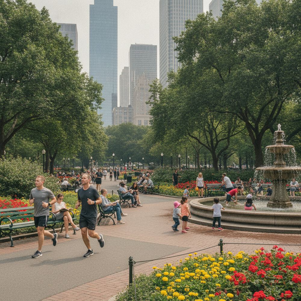 A large, well-maintained city park filled with people. Some are jogging, others are sitting on benches reading, and a group of children are playing near a fount