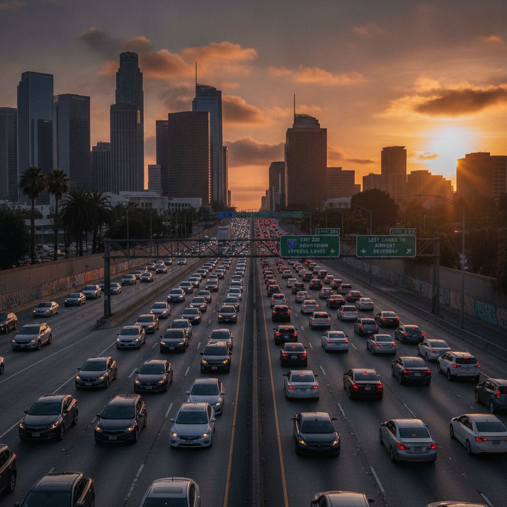 A long queue of cars stuck in traffic on a wide urban highway during rush hour. Road signs are visible overhead. Some cars have their brake lights on.