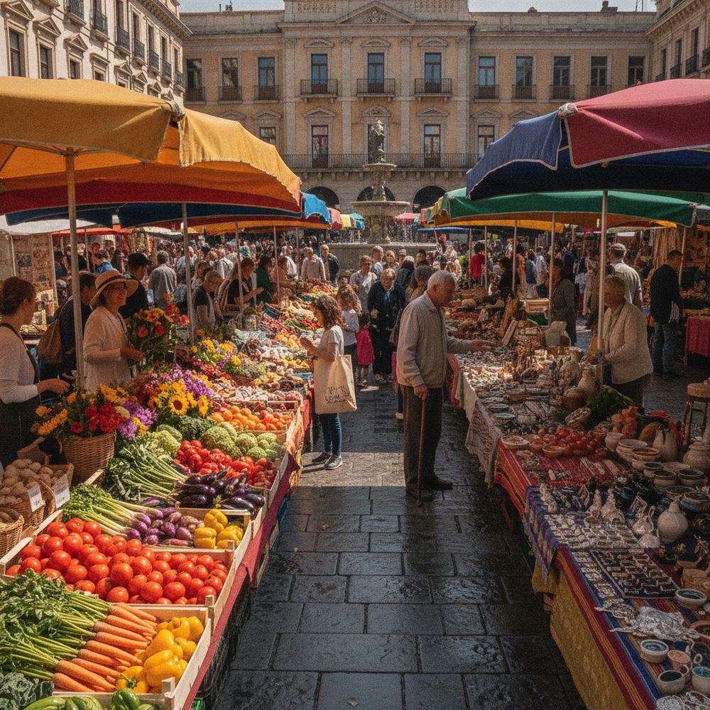 A colorful open-air market in a city square. Vendors are selling fresh produce, flowers, and handmade goods. Shoppers of different ages browse the stalls under 