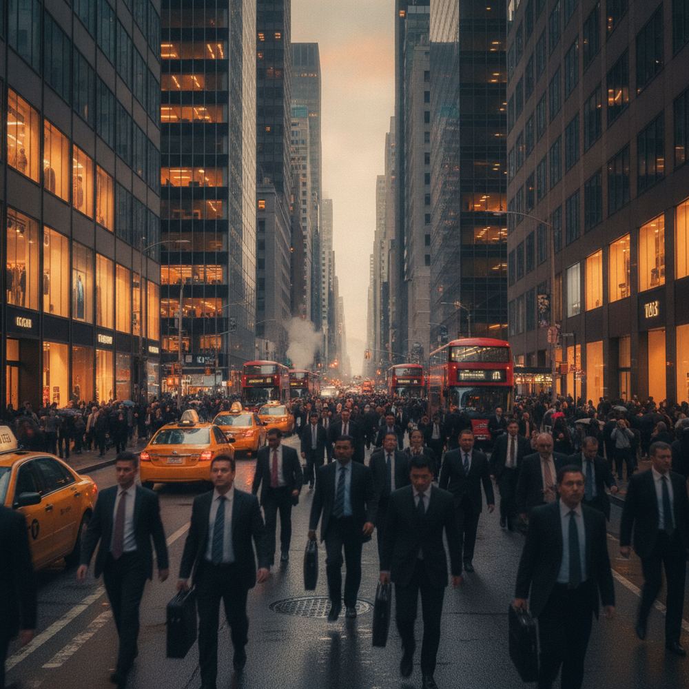 A busy city street during the evening rush hour. Pedestrians in business attire walk quickly past illuminated shop fronts and tall glass office buildings. Taxis