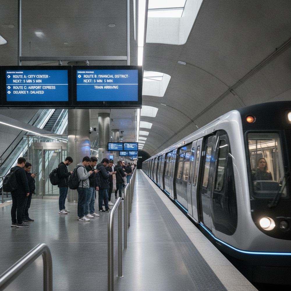 The interior of a modern underground metro station. Commuters are waiting on the platform as a sleek train arrives. Digital display boards show route and timing