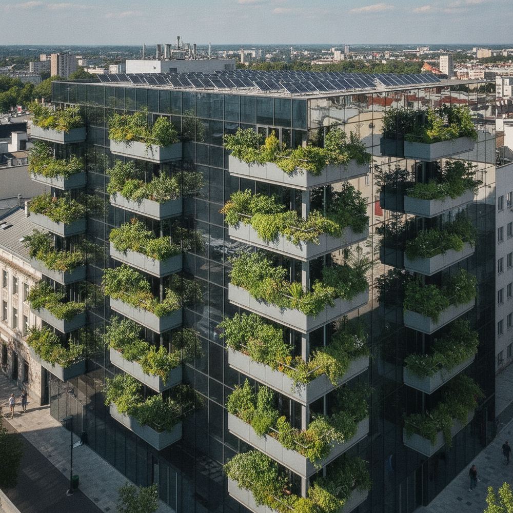 A modern high-rise apartment building with a glass facade. The building features balconies with green plants, and a solar panel installation is visible on the r