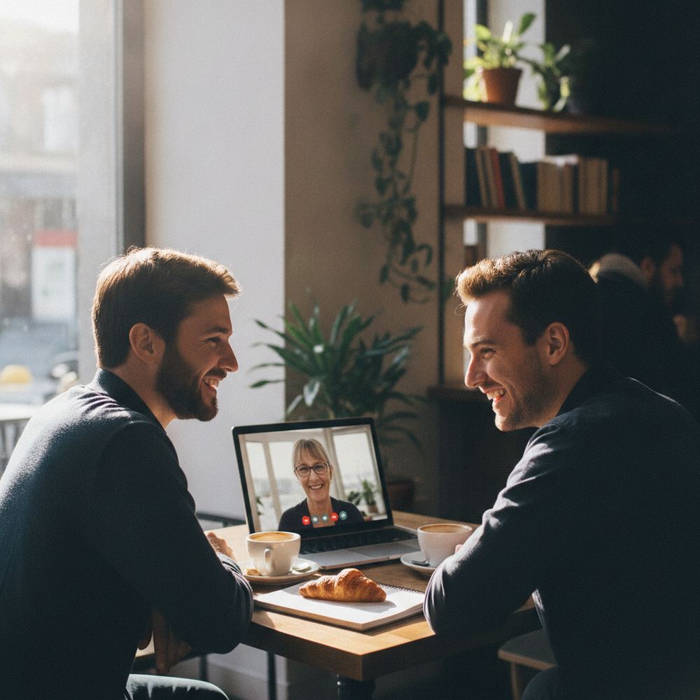 Two people sitting at a table, smiling at a laptop screen as they have a video call with someone.