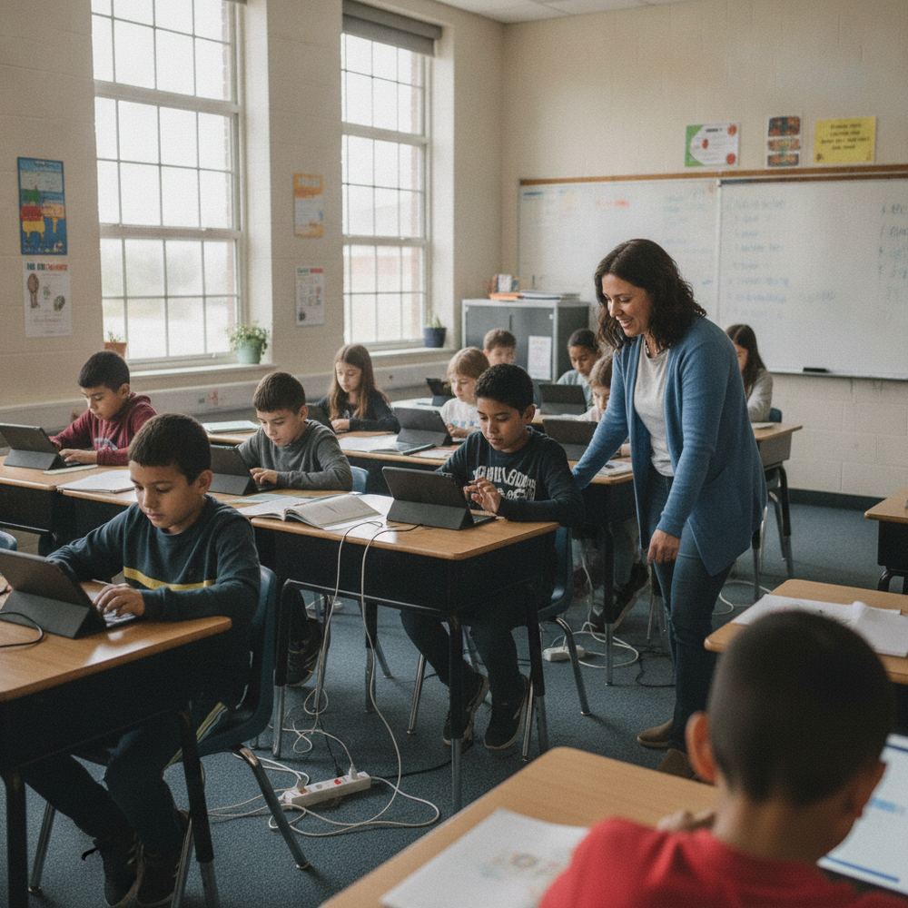 A classroom with students using tablets or laptops at their desks while a teacher walks around to help them.