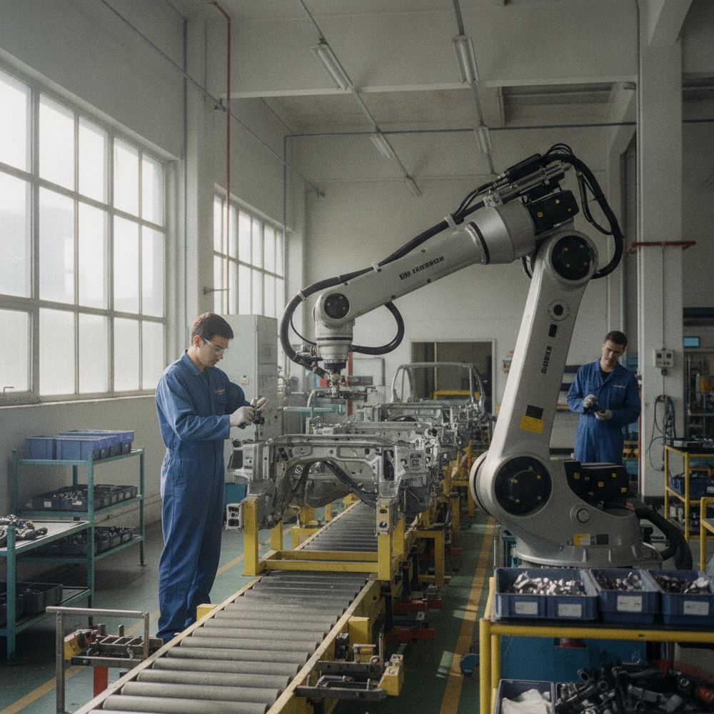 A robot arm in a factory assembly line, working alongside human workers on a production floor.