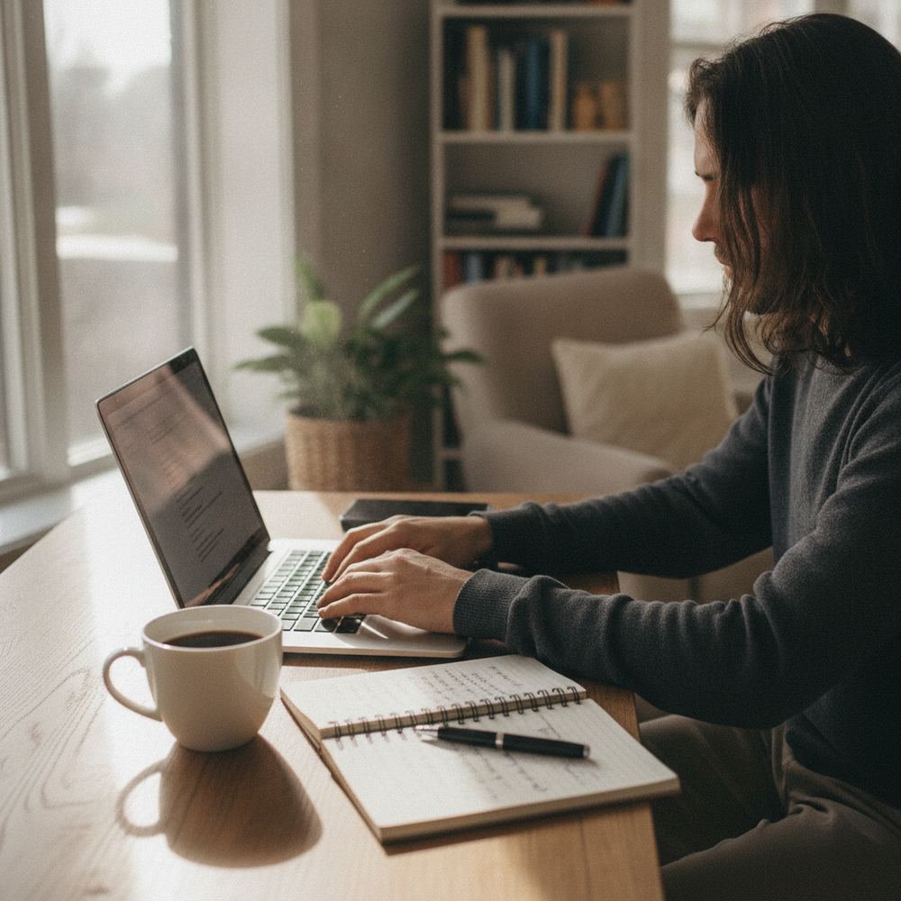 A person sitting at a desk using a laptop computer, with a cup of coffee nearby and a notebook open beside the keyboard.