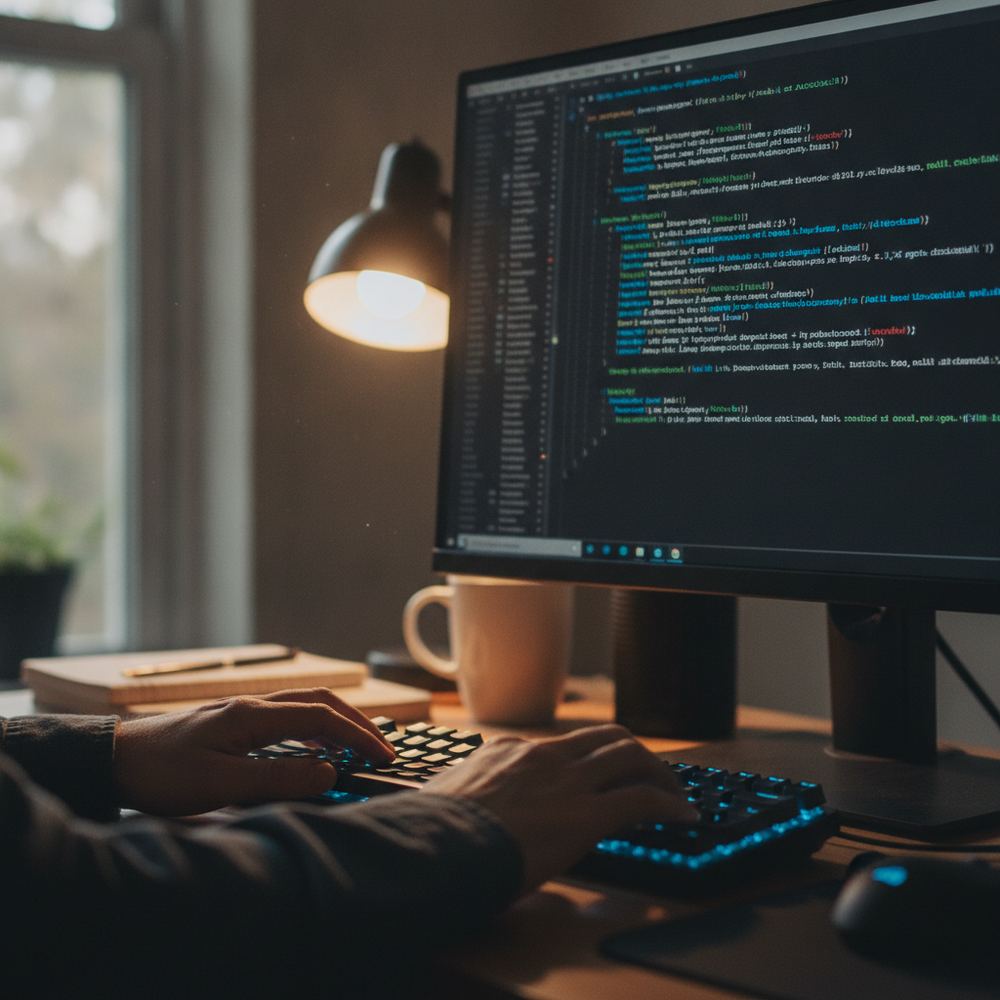 A close-up of a computer screen showing programming code, with a programmer's hands on the keyboard in the foreground.