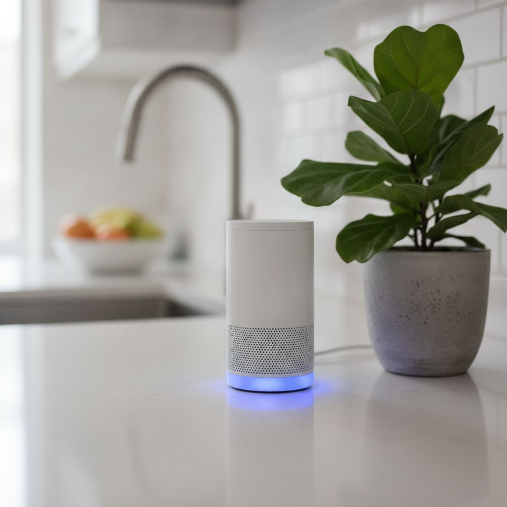A smart home device, such as a small speaker with a glowing ring light, placed on a kitchen counter next to a plant.