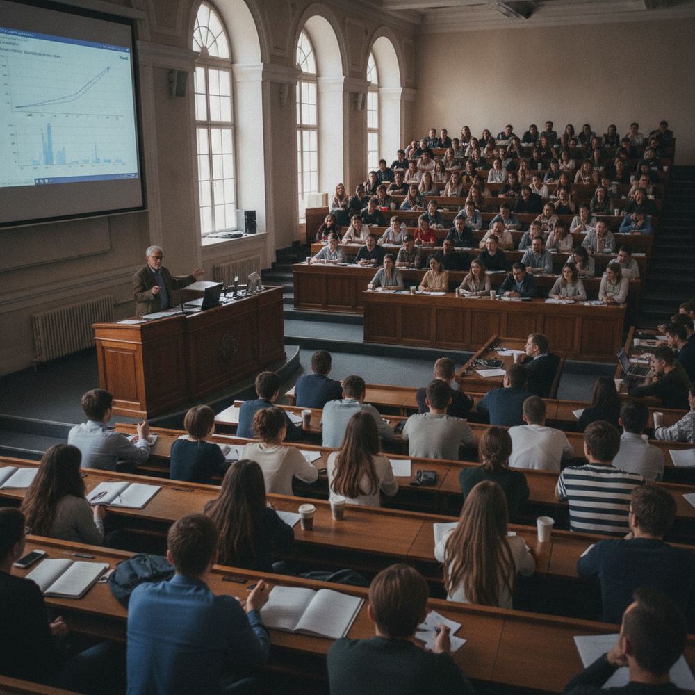 A large university lecture hall filled with students listening to a professor at the front of the room.