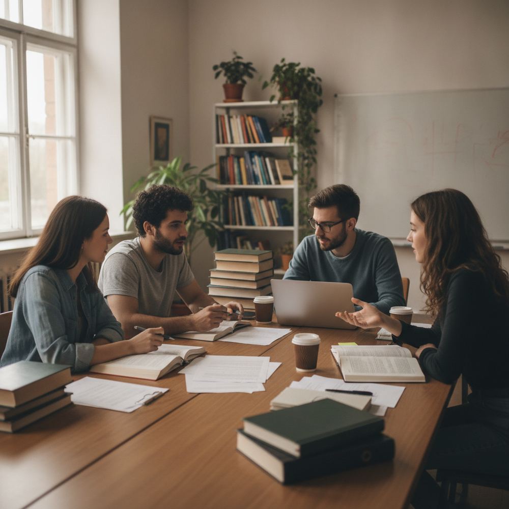 Four students sitting around a table in a study room, discussing something together with textbooks and papers in front of them.