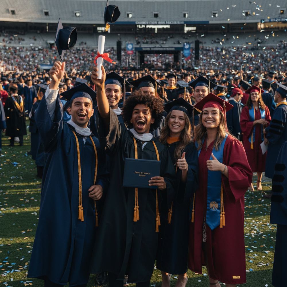 A group of university graduates in caps and gowns smiling and celebrating at a graduation ceremony.