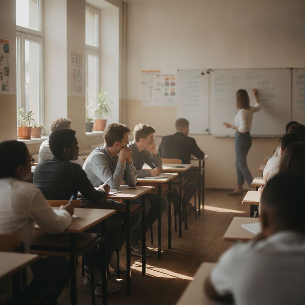 A group of students sitting in rows in a bright classroom, listening attentively to a teacher who is writing on a whiteboard.