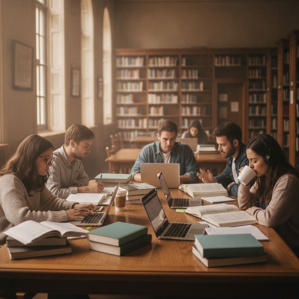 Several students sitting together at a library table, surrounded by books and laptops, studying and taking notes.