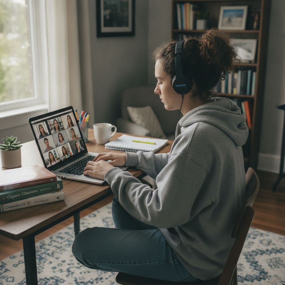 A student sitting at a desk at home, attending an online class on a laptop, with notes and textbooks open nearby.
