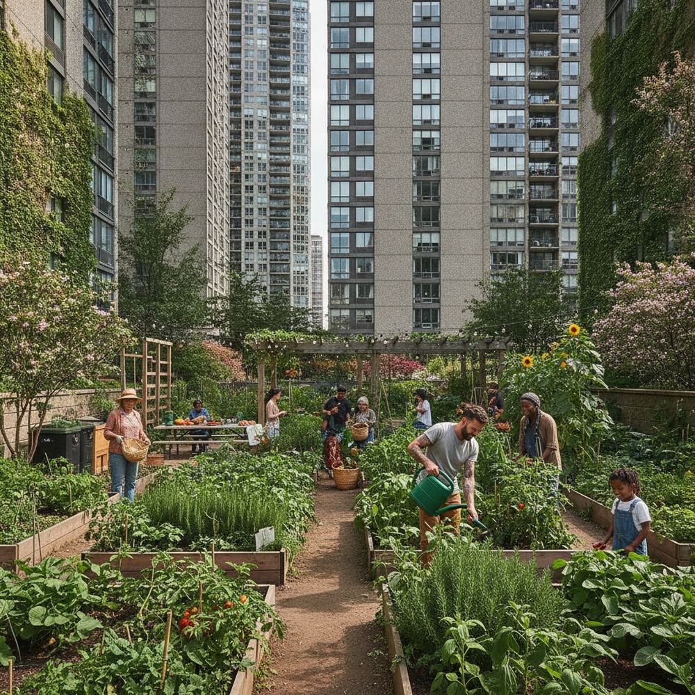 A thriving community garden in the middle of a dense city. Raised planting beds are filled with vegetables and herbs. Residents of different ages are tending to