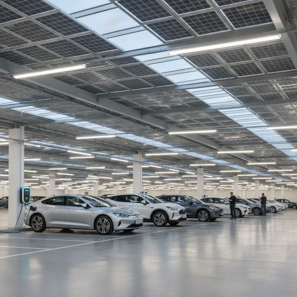 A row of electric vehicles plugged into charging stations in a modern parking facility. LED lighting illuminates the space, and solar panels are visible on the 