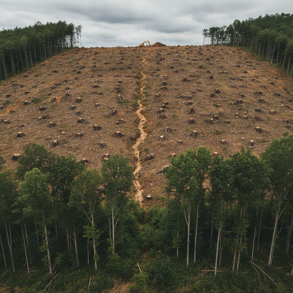 A deforested hillside where only stumps remain. In the foreground, a narrow strip of remaining forest is visible. In the background, the bare, eroded hillside s