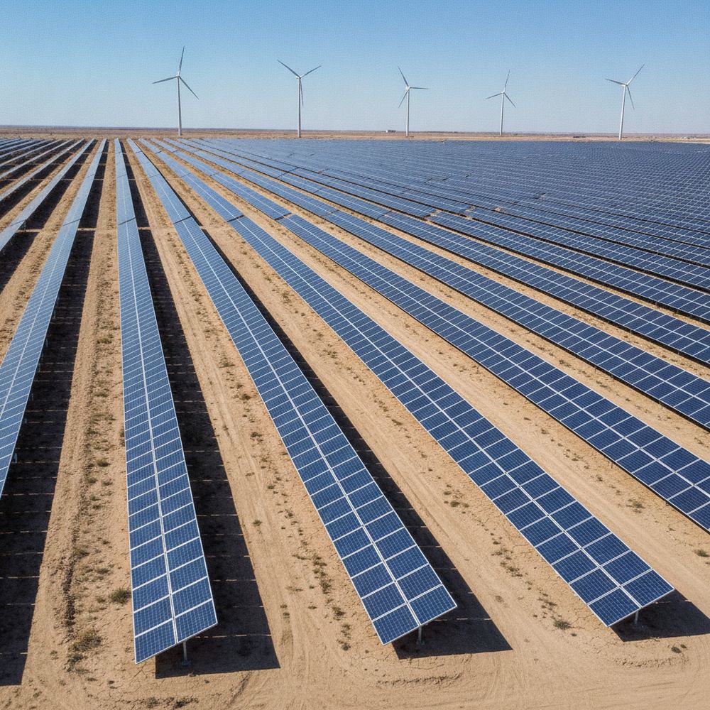 An expansive solar farm stretching across a flat, arid landscape. Hundreds of dark blue photovoltaic panels are arranged in precise rows. A few wind turbines ar