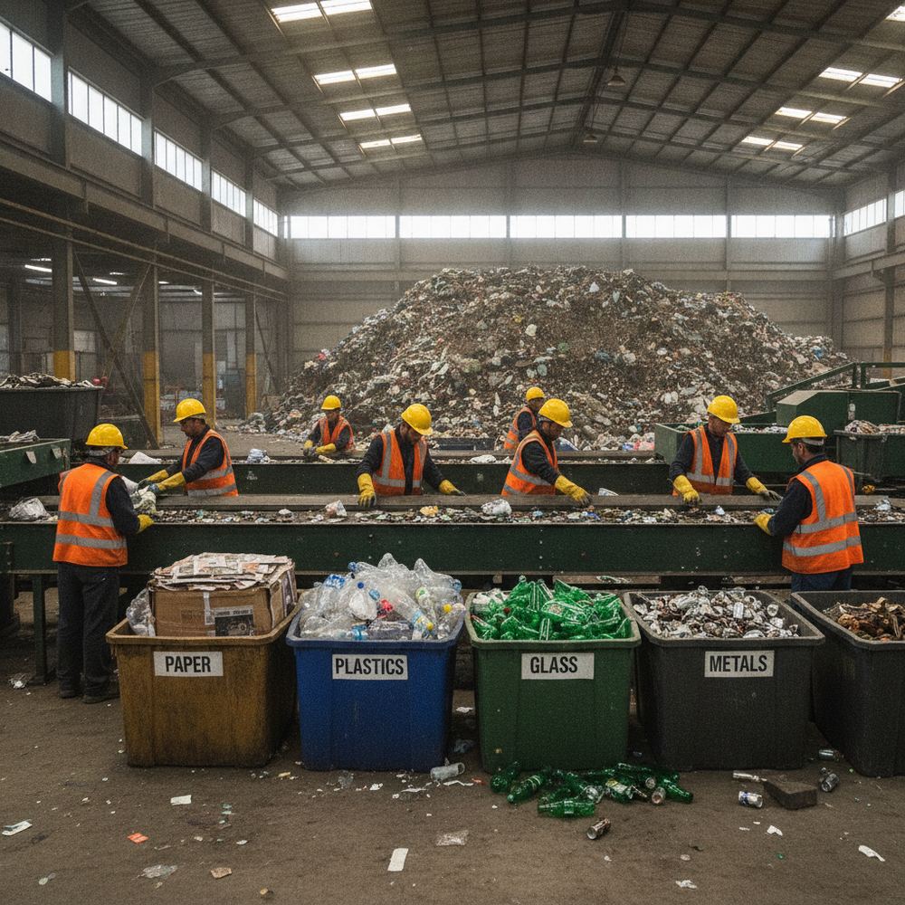 A waste sorting facility where workers in high-visibility vests are sorting recyclable materials on a conveyor belt. Separate bins for paper, plastic, glass, an