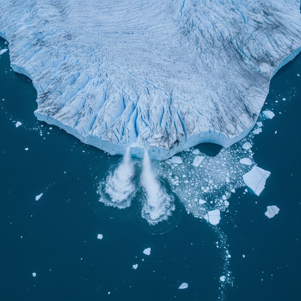 A dramatic aerial photograph of a glacier with large sections of ice visibly cracking and breaking off into dark blue water below. The edges of the glacier are