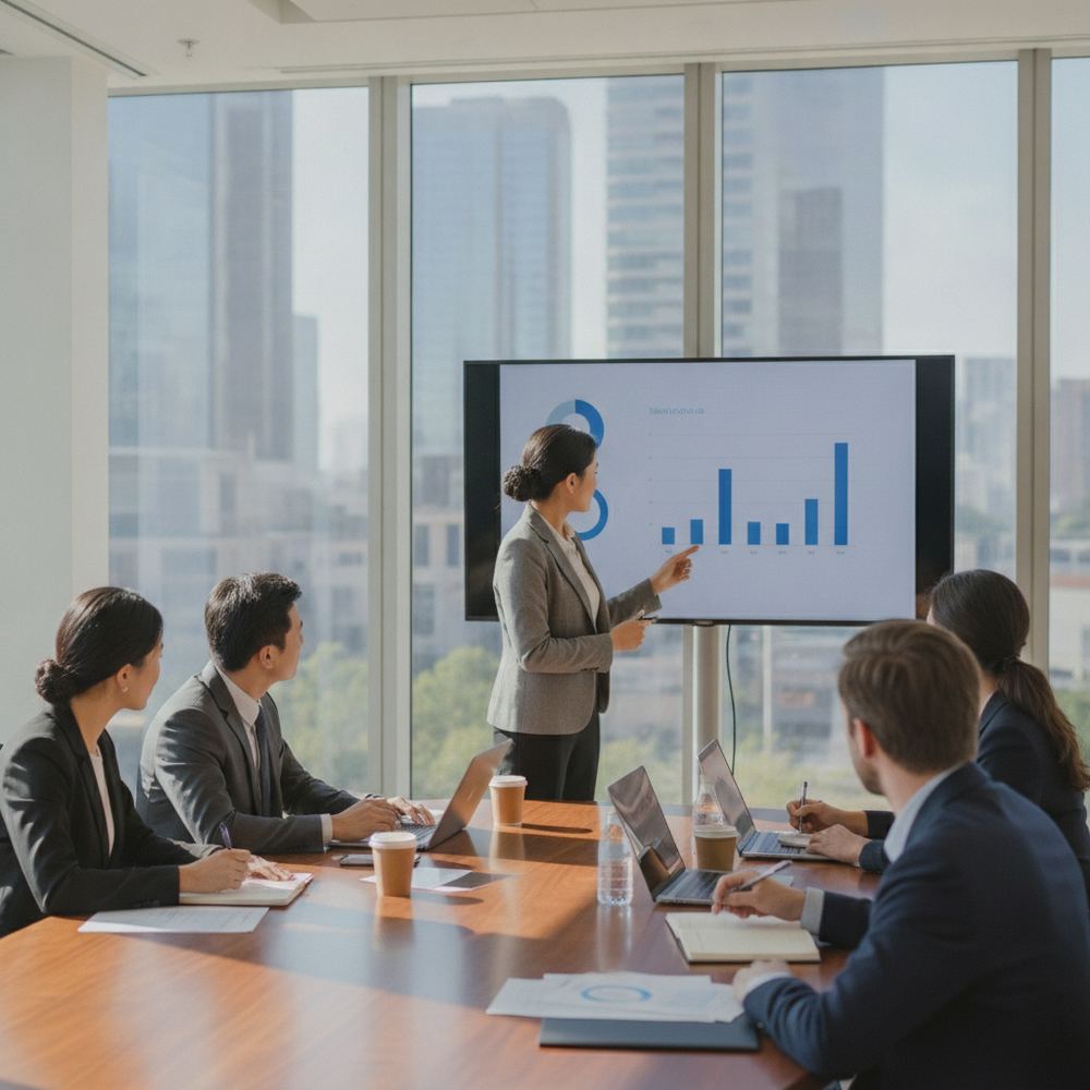 A formal business meeting in a glass-walled conference room. Six professionals of diverse backgrounds are seated around a table. One person is presenting slides