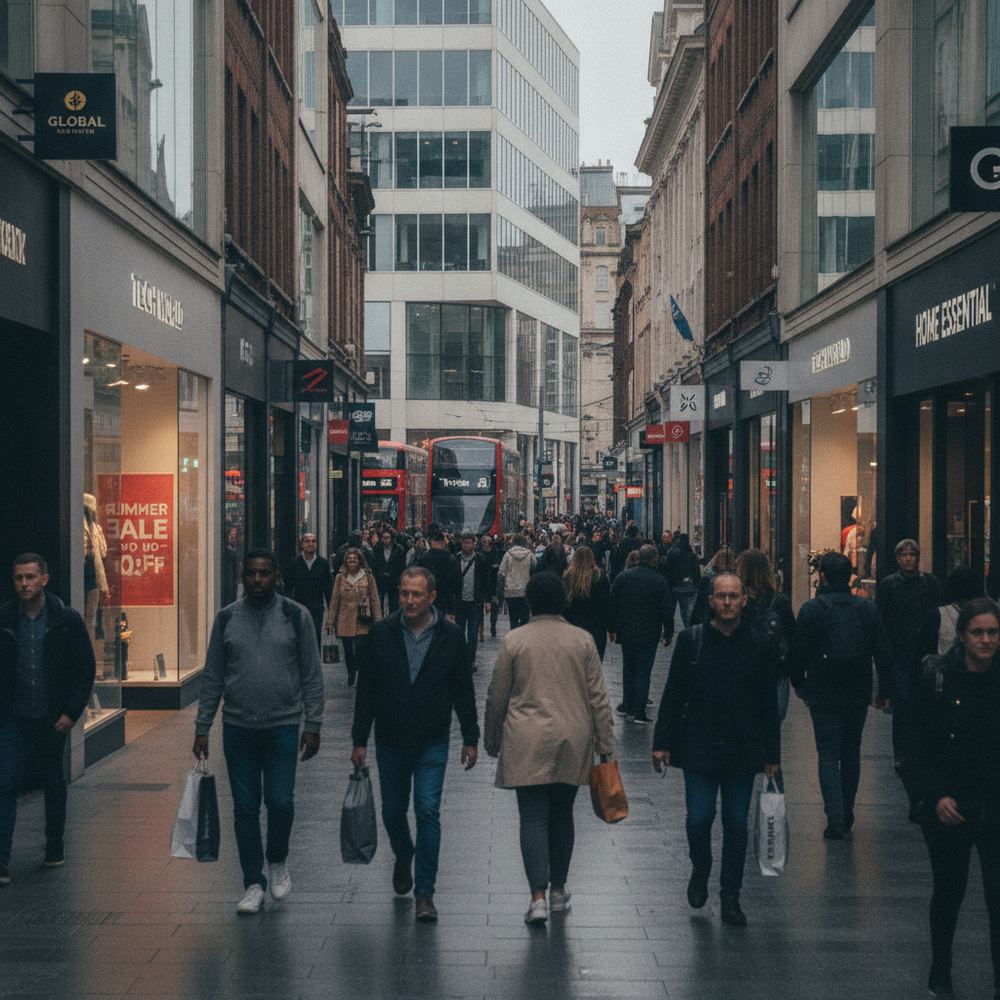 A busy high-street shopping district. Shoppers are walking past several well-known retail chain stores. A sale sign is visible in one window. Some people are ca