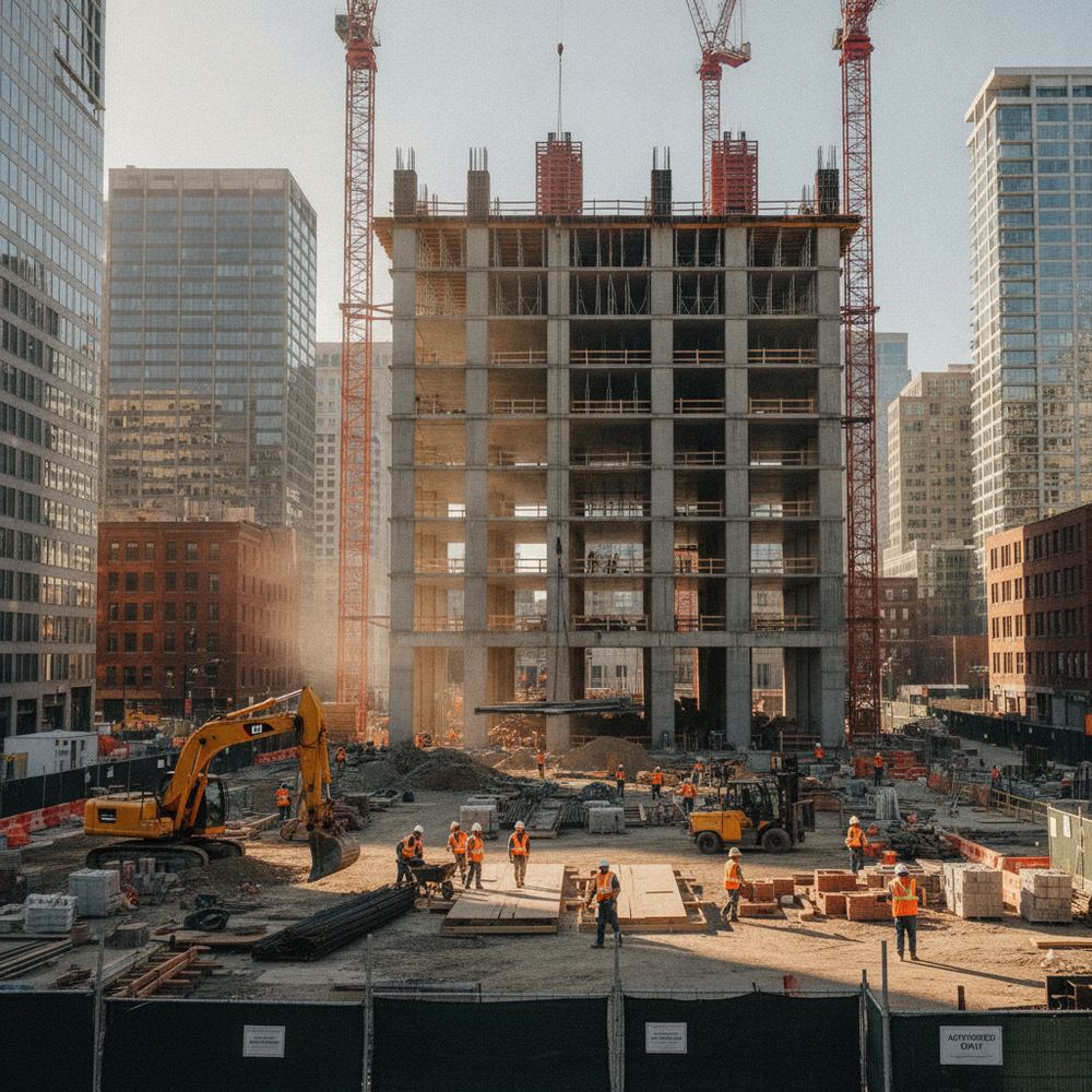 An active construction site in an urban area. Several cranes are visible against the skyline. Workers in hard hats and safety vests are operating machinery and 