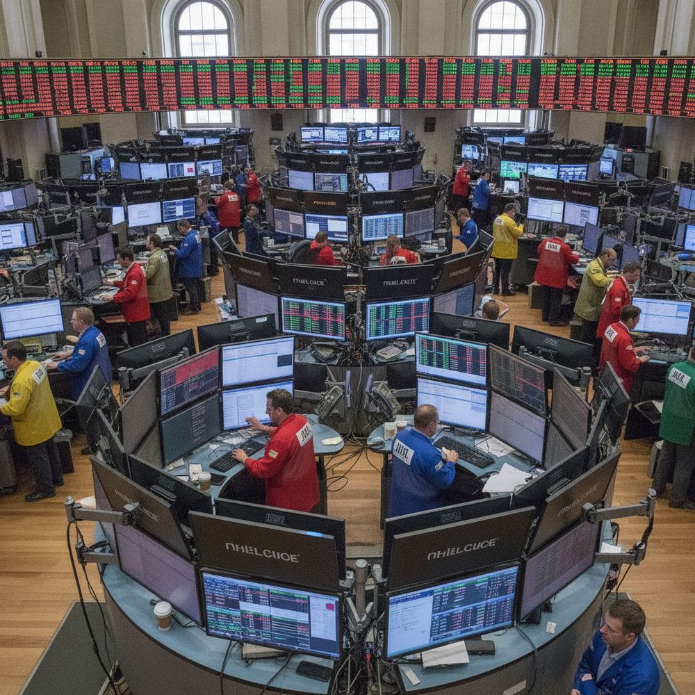 A busy stock exchange trading floor with dozens of traders in colored jackets standing at workstations surrounded by multiple screens displaying rapidly changin
