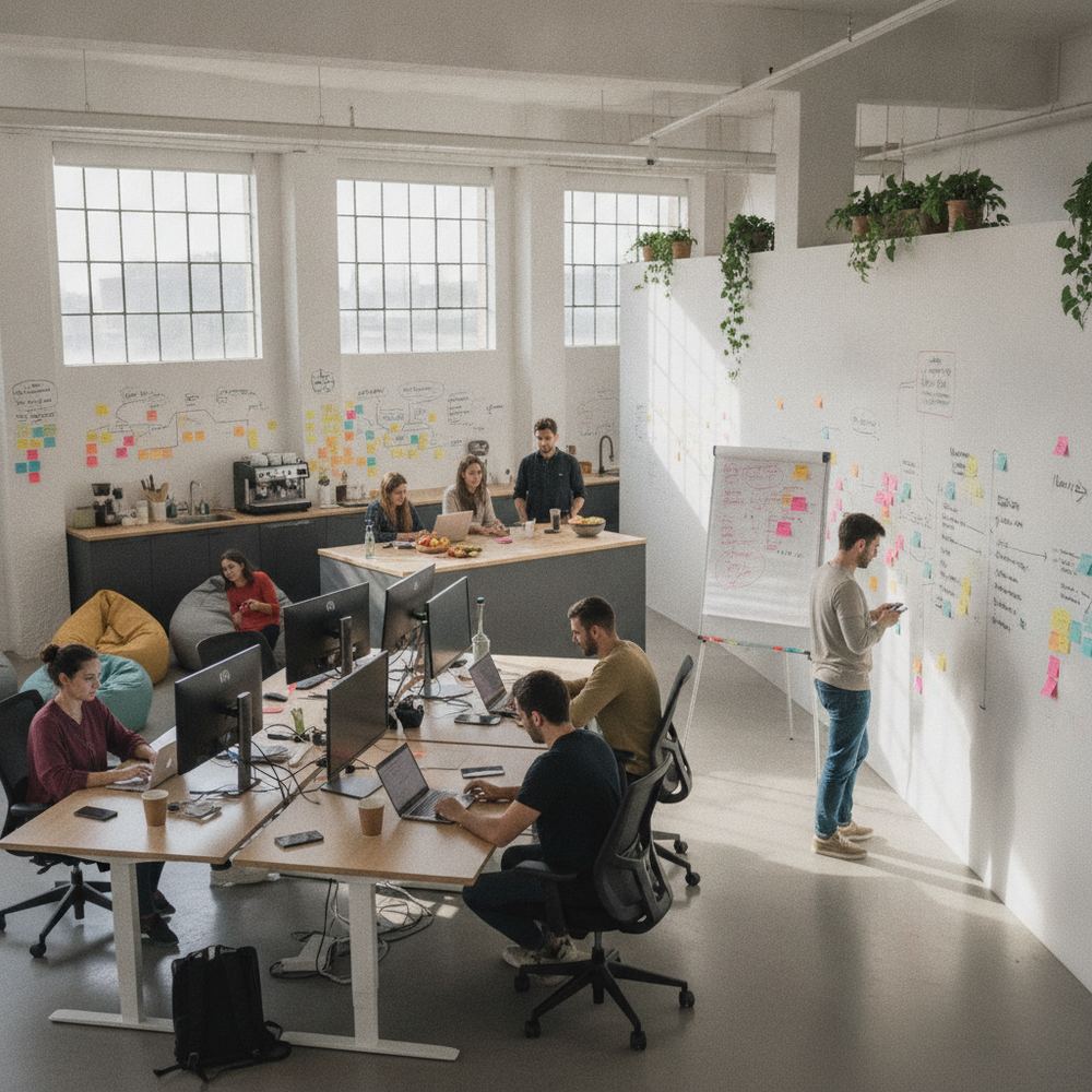 A modern startup office with an open-plan layout. Young professionals are working at standing desks, some in small clusters on whiteboards. The walls are covere