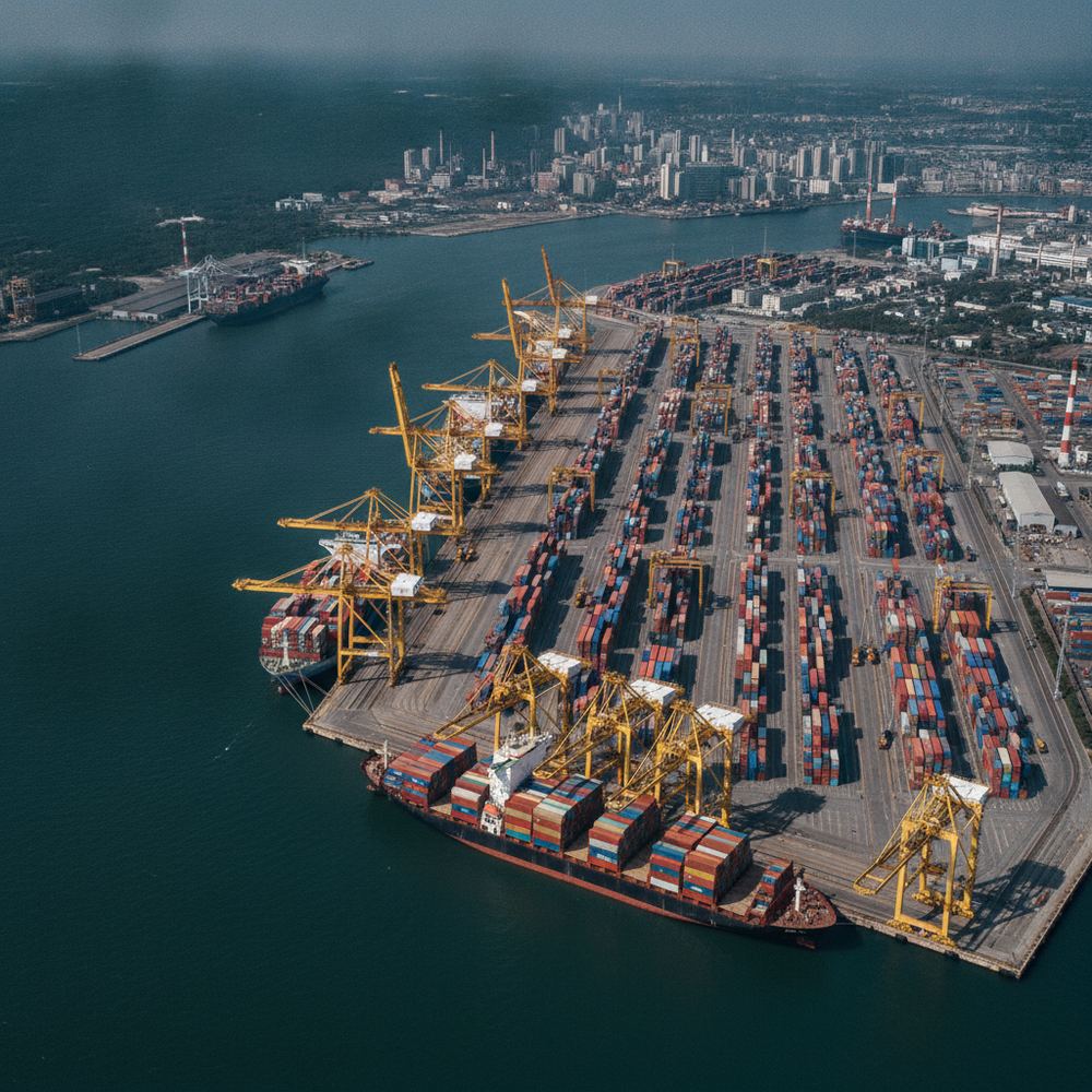 An aerial view of a large container port with enormous cargo ships docked alongside loading cranes. Thousands of colorful shipping containers are stacked in row