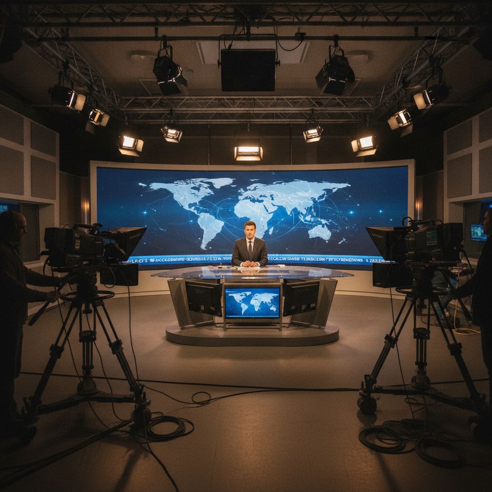 A professional TV broadcasting studio with a news anchor sitting behind a desk facing multiple cameras. Bright studio lights illuminate the set. A large screen 