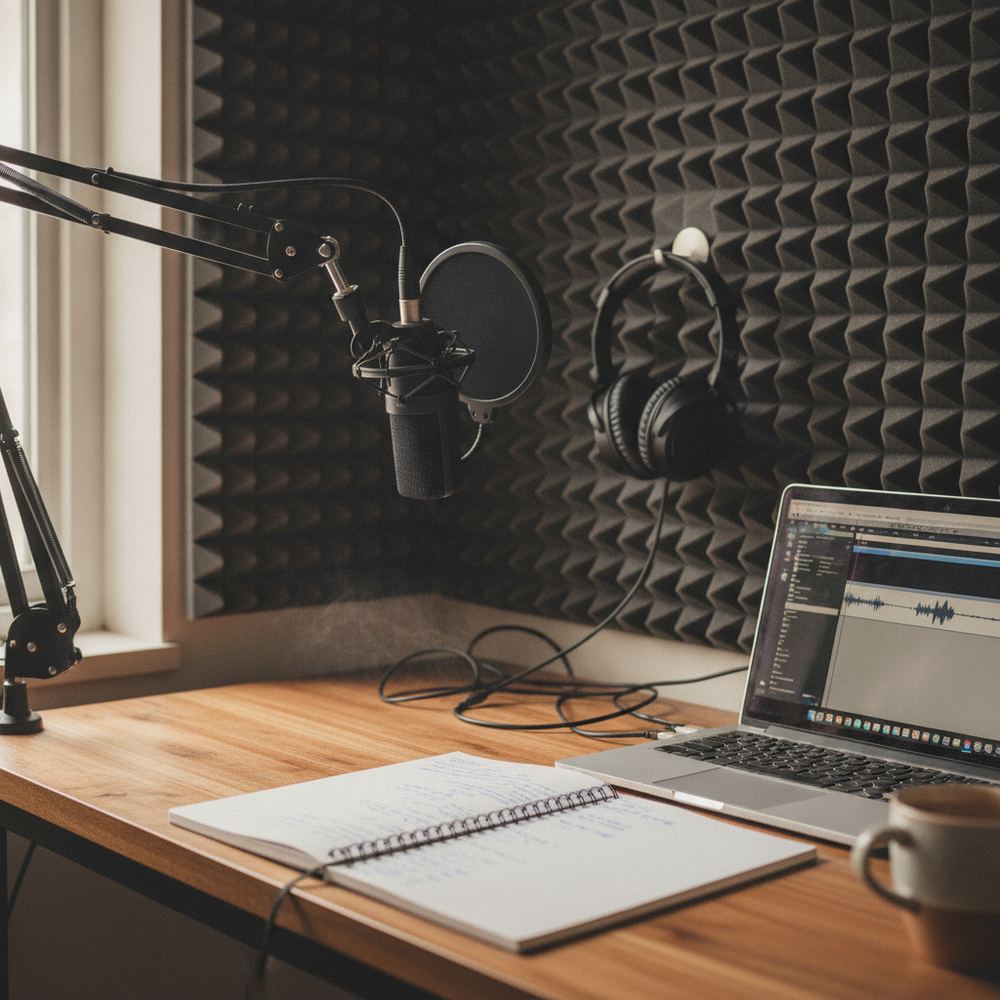 A home podcast recording setup with a microphone on a stand, a laptop, soundproofing foam on the wall, and headphones hanging on a hook. A notebook with handwri