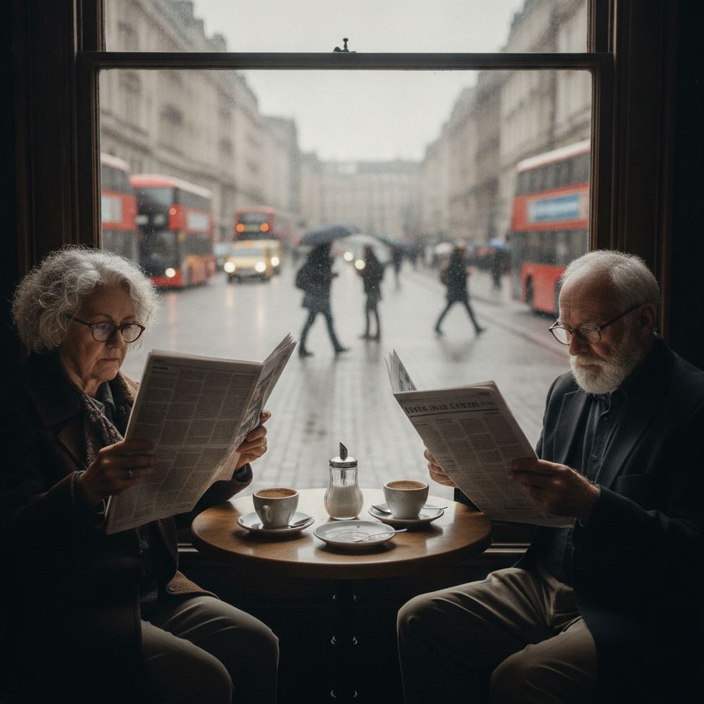 Two elderly people sitting at a café table, each reading a physical newspaper. Their coffee cups are on the table. The café window behind them reveals a busy st